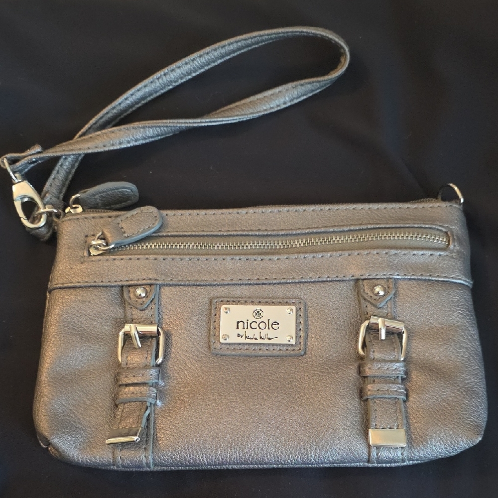 Nicole Miller Metallic Silver Wristlet Clutch
